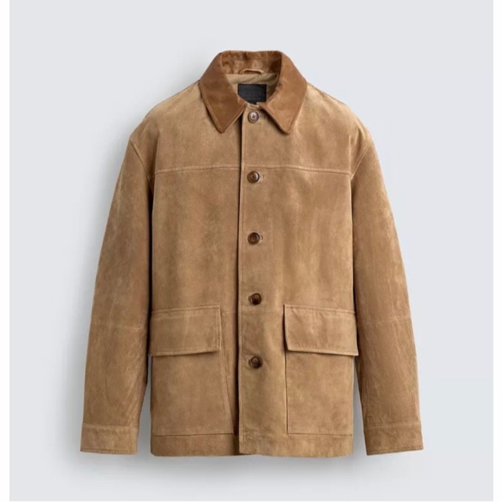 Men's Suede Light Tan Palomino Button-Front Jacket w Leather Collars